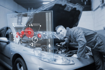 Poster - Mechanic with open hood consulting interface in black and white