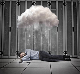 Poster - Data worker napping under cloud in data centre