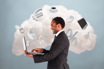 Poster - Happy businessman connecting to cloud computing