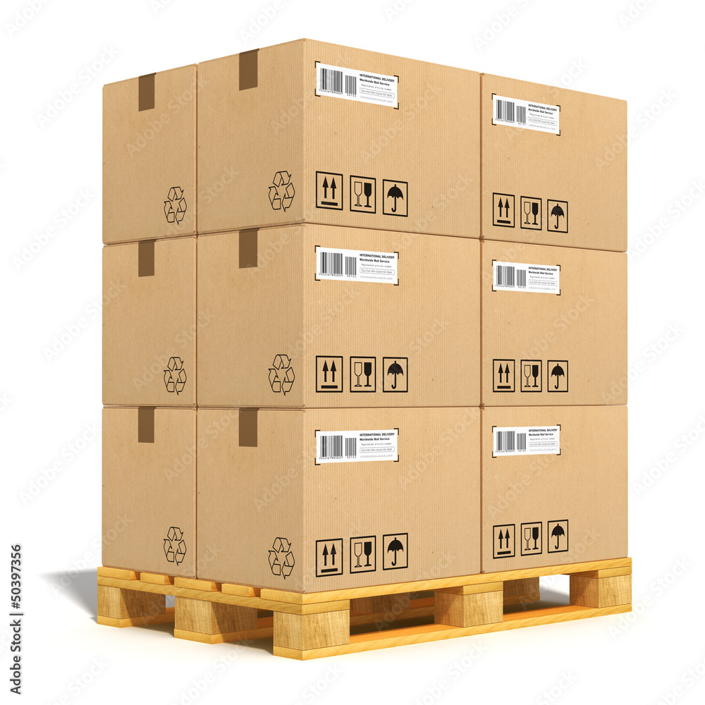 Cardboard boxes on shipping pallet - obrazy, fototapety, plakaty 