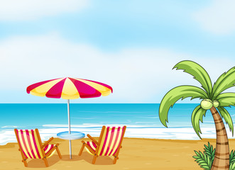 Poster - The beach with an umbrella and chairs