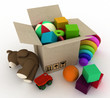 child's toys are in a box. 3d render illustration.