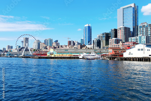 Poster Seattle waterfront Pier 55 and 54. Downtown view from ferry.