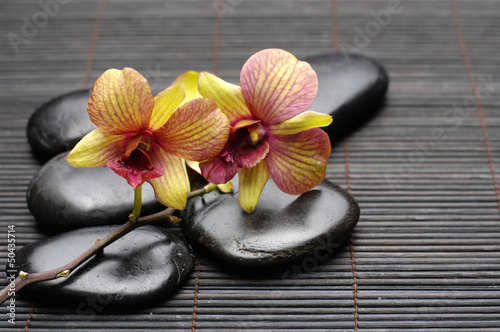 Fototapeta na wymiar Bright orchid laying on pebbles on bamboo stick straw mat