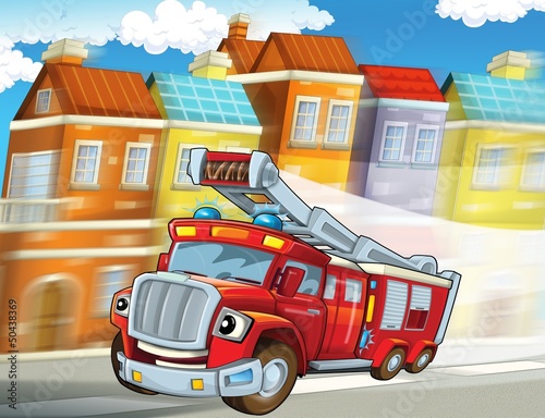 Fototapeta dla dzieci The red firetruck - duty - illustration for the children