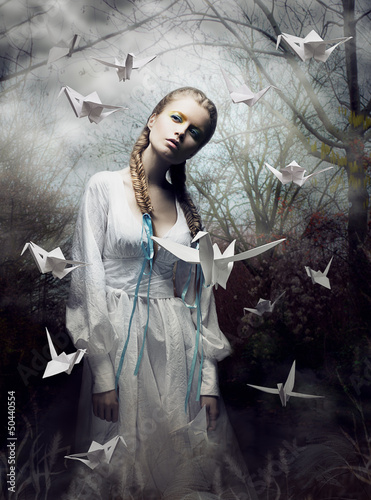 Naklejka na meble Mystery. Origami. Woman with Pigeons. Fairy Tale. Fantasy