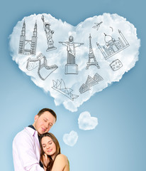 Wall Mural - young beautiful couple dreaming about their vacation. famous tou