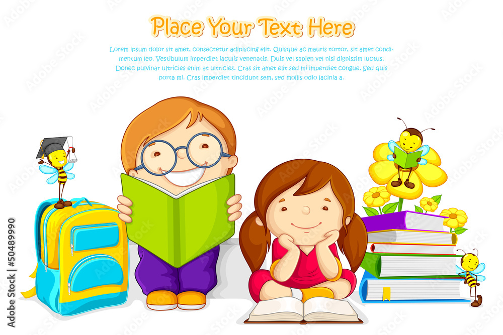 vector illustration of kids studying book with bee Stock Vector | Adobe ...