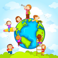 vector illustration of kids climbing around earth