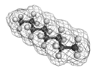 Sticker - Octane hydrocarbon, molecular model.