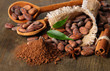 Cocoa beans in spoons, cocoa powder and spices
