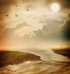 Poster - Butterflies and moon in fantasy landscape