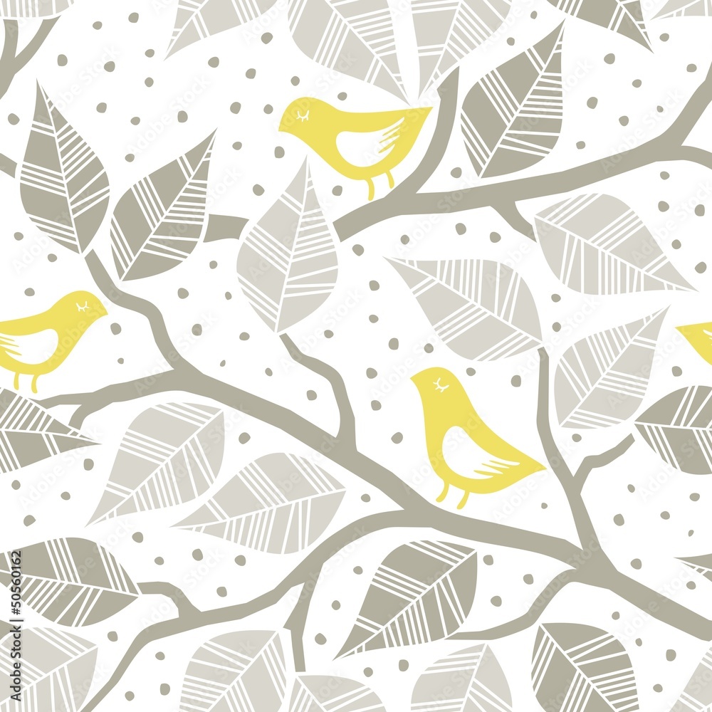 żółte ptaki brązowe liście na gałęziach nieskończony deseń - obrazy, fototapety, plakaty 