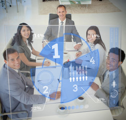 Poster - Business people using blue pie chart interface