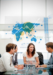Poster - Business workers using blue map diagram interface
