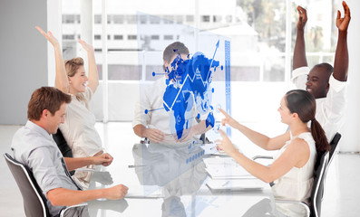 Poster - Cheerful business workers using blue map diagram interface