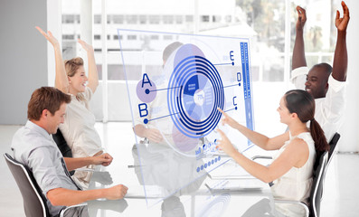 Poster - Cheerful business workers using blue diagram interface
