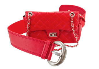 Female handbag and belt of red colour