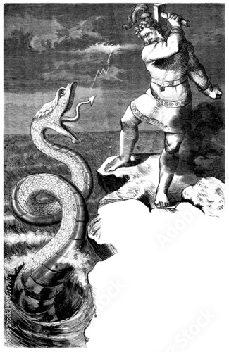 Nordic-Germanic Mythology : Thor fighting a Snake Poster