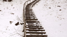 Wooden Stairs Railings Huge Steep Hill Cover Snow Winter Park