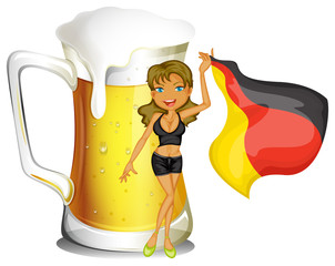 A big mug of beer at the back of a lady holding the flag of Germ