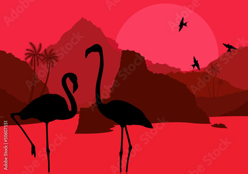 Fototapeta na wymiar Flamingo couple in Africa wild nature mountain landscape