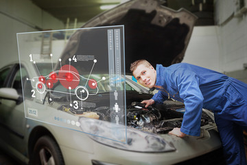 Poster - Mechanic with open hood consulting interface