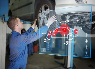 Poster - Mechanic checking wheel of a car helped by interface