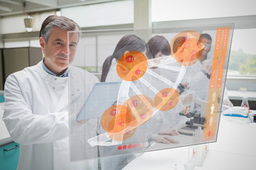 Poster - Confident scientist working with tablet and futuristic interface