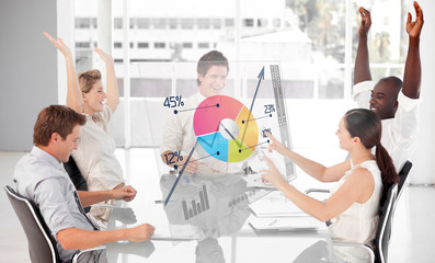 Poster - Cheerful business workers using colorful pie chart interface