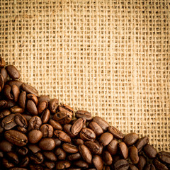 Poster - Burlap sack and pile of coffee beans with copy space