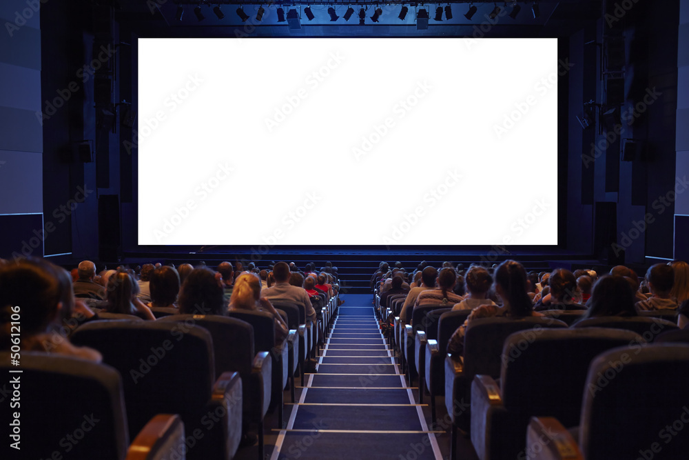 Empty cinema screen with audience. - obrazy, fototapety, plakaty 