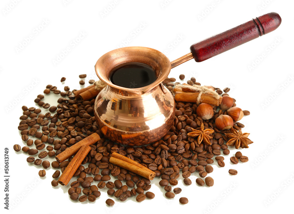 Coffee pot and coffee beans, isolated on white