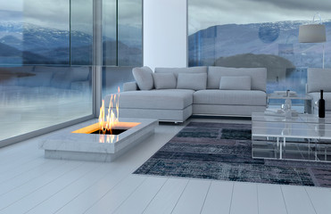 Wall Mural - White 3D interior room with fireplace and lake view