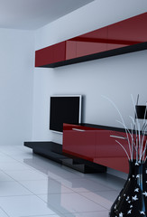 Modern white living room with red couch | 3d interior