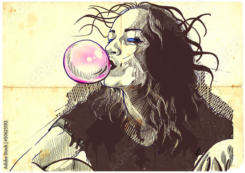 Naklejka na szybę young woman blowing bubble from chewing gum