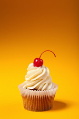 Wall Mural - cupcake with red cherry isolated on orange background with copys