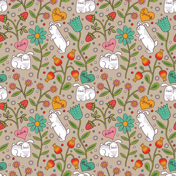 Fototapete -  - Seamless pattern with rabbits