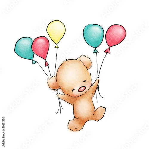 Nowoczesny obraz na płótnie Baby Bear flying with colorfull balloons