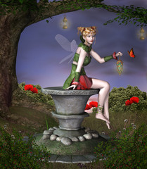 Wall Mural - Beautiful fairy sits on a pedestal