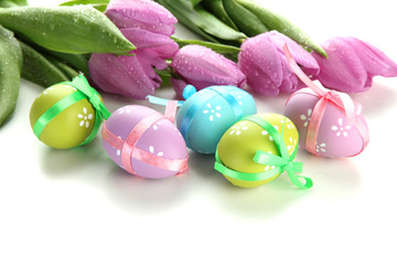  Bright easter eggs and tulips, isolated on white
