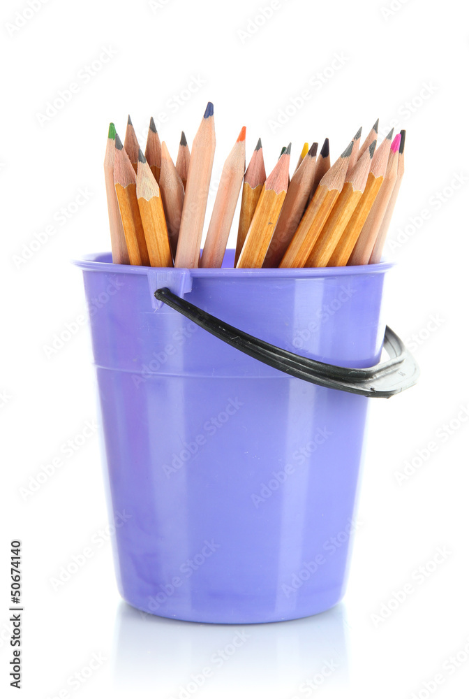 Colorful pencils in pail isolated on white
