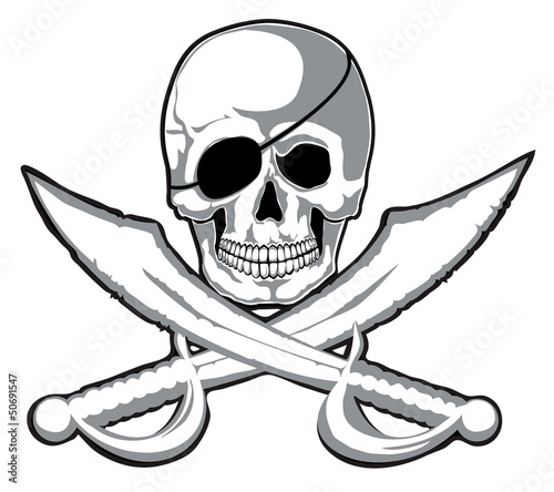 Naklejka dekoracyjna Smiling skull and two pirate swords isolated. Vector