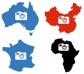 Poster - Appareils photos dans des cartes : Australie, Chine, France et Afrique