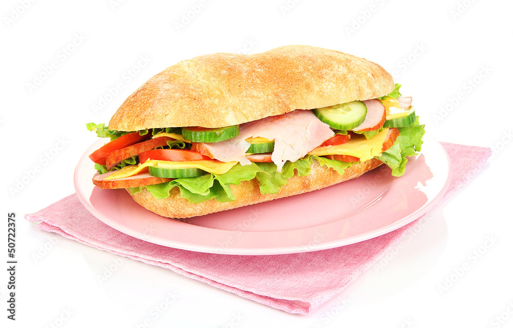 Fresh and tasty sandwich with ham and vegetables isolated
