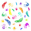 Colorful prints of painted hands and feet of family, mom, dad an