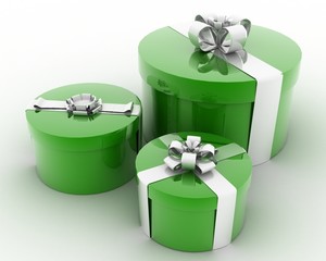 Wall Mural - three Large , WHITE gift boxes with GREEN ribbons