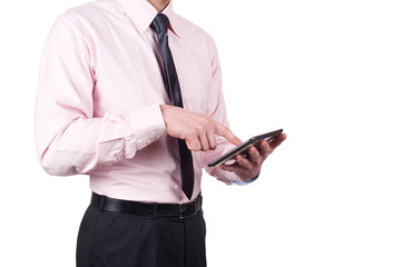 Young man using digital tablet isolated on white background