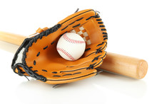 Baseball Glove, Bat And Ball Isolated On White