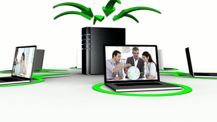 Poster - Animation depicting cloud computing connecting laptops to server